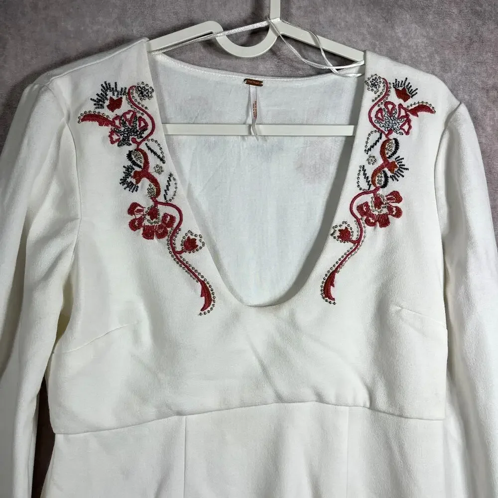 Free People Holiday Folk Mini Dress Womens 4‎ Ivory Embroidered Boho Festival